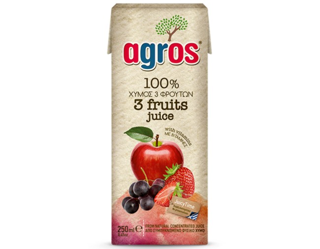 AGROS 100% ΧΥΜΟΣ 3 ΦΡΟΥΤΑ ΜΗΛΟ ΣΤΑΦΥΛΙ ΦΡΑΟΥΛΑ 250ml