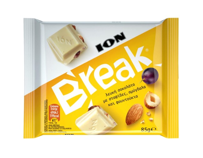ION BREAK ΛΕΥΚΗ ΣΟΚΟΛΑΤΑ ΜΕ ΣΤΑΦΙΔΑ ΑΜΥΓΔΑΛΑ ΚΑΙ ΦΟΥΝΤΟΥΚΙΑ 85gr