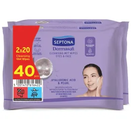 SEPTONA DERMSOFT ΥΓΡΑ ΜΑΝΤΗΛΑΚΙΑ ΝΤΕΜΑΚΙΓΙΑΖ ME ΥΑΛΟΥΡΟΝΙΚΟ ΚΑΙ ΜΑΡΓΑΡΙΤΑΡΙ  2x20τμχ